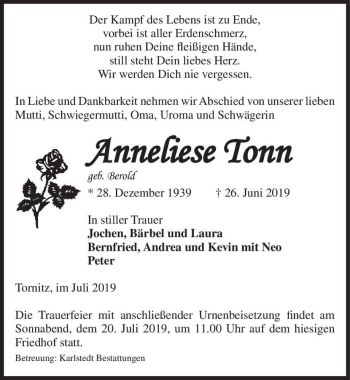 Traueranzeige von Anneliese Tonn (geb. Berold)  von Magdeburger Volksstimme