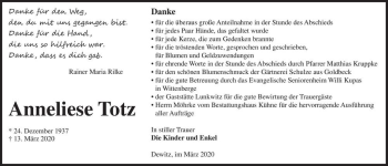 Traueranzeige von Anneliese Totz  von Magdeburger Volksstimme