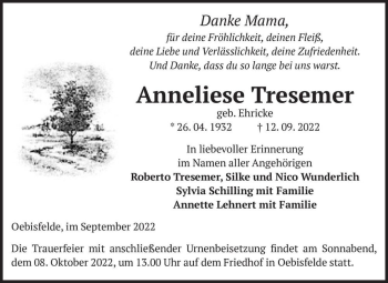 Traueranzeige von Anneliese Tresemer (geb. Ehricke)  von Magdeburger Volksstimme