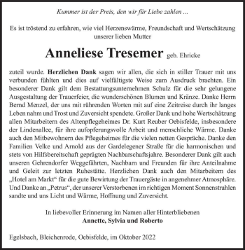 Traueranzeige von Anneliese Tresemer (geb. Ehricke)  von Magdeburger Volksstimme