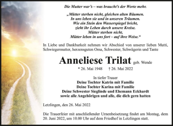 Traueranzeige von Anneliese Trilat (geb. Wende)  von Magdeburger Volksstimme