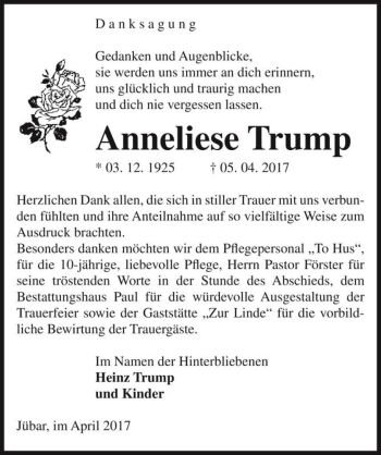 Traueranzeige von Anneliese Trump  von Magdeburger Volksstimme