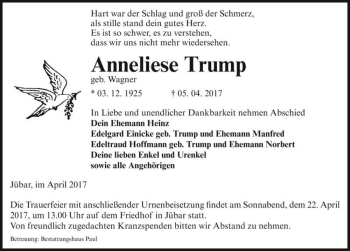 Traueranzeige von Anneliese Trump (geb. Wagner)  von Magdeburger Volksstimme