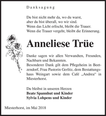 Traueranzeige von Anneliese Trüe  von Magdeburger Volksstimme