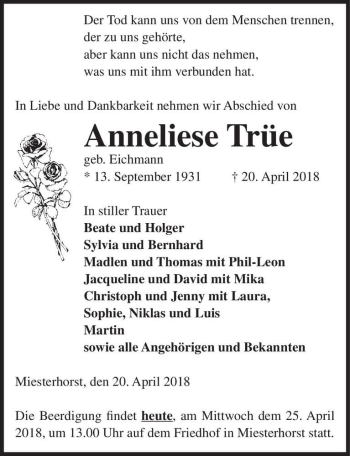 Traueranzeige von Anneliese Trüe (geb. Eichmann)  von Magdeburger Volksstimme