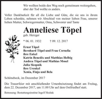 Traueranzeige von Anneliese Töpel (geb. Herzger)  von Magdeburger Volksstimme