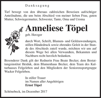 Traueranzeige von Anneliese Töpel (geb. Herzger)  von Magdeburger Volksstimme