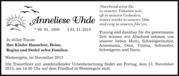 Traueranzeige von Anneliese Uhde  von Magdeburger Volksstimme