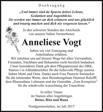Traueranzeige von Anneliese Vogt  von Magdeburger Volksstimme