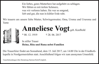 Traueranzeige von Anneliese Vogt (geb. Kaufhold)  von Magdeburger Volksstimme
