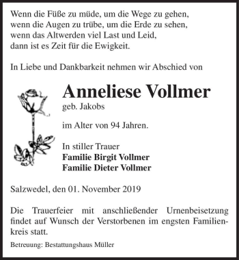 Traueranzeige von Anneliese Vollmer (geb. Jakobs)  von Magdeburger Volksstimme