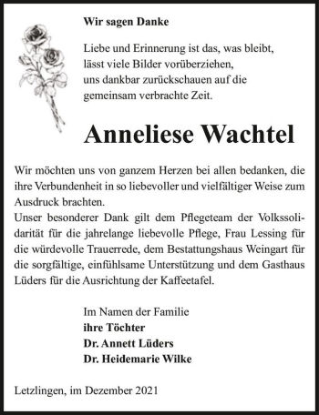 Traueranzeige von Anneliese Wachtel  von Magdeburger Volksstimme