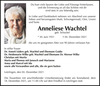 Traueranzeige von Anneliese Wachtel (geb. Schackel)  von Magdeburger Volksstimme