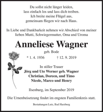 Traueranzeige von Anneliese Wagner (geb. Bode)  von Magdeburger Volksstimme