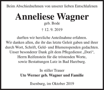 Traueranzeige von Anneliese Wagner (geb. Bode)  von Magdeburger Volksstimme