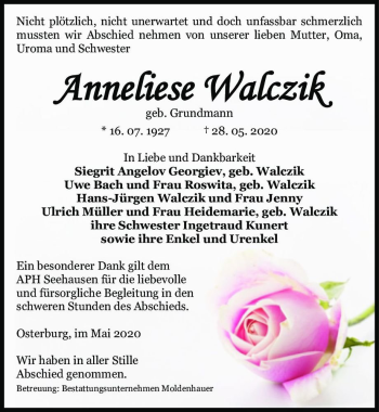 Traueranzeige von Anneliese Walczik (geb. Grundmann)  von Magdeburger Volksstimme