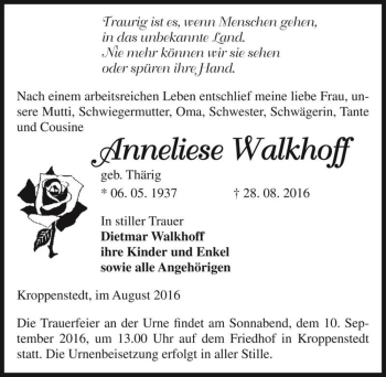Traueranzeige von Anneliese Walkhoff (geb. Thärig)  von Magdeburger Volksstimme