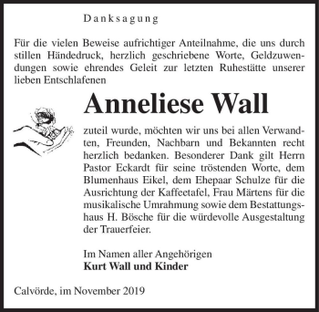 Traueranzeige von Anneliese Wall  von Magdeburger Volksstimme