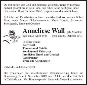Traueranzeige von Anneliese Wall (geb. Maschke)  von Magdeburger Volksstimme