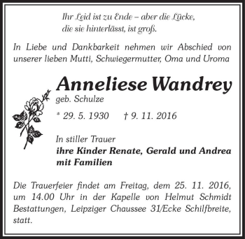 Traueranzeige von Anneliese Wandrey (geb. Schulze)  von Magdeburger Volksstimme
