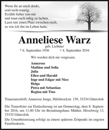 Traueranzeige von Anneliese Warz (geb. Lichtner)  von Magdeburger Volksstimme