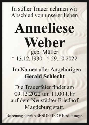 Traueranzeige von Anneliese Weber (geb. Müller)  von Magdeburger Volksstimme