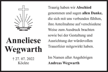 Traueranzeige von Anneliese Wegwarth  von Magdeburger Volksstimme