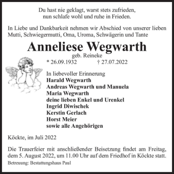 Traueranzeige von Anneliese Wegwarth (geb. Reineke)  von Magdeburger Volksstimme