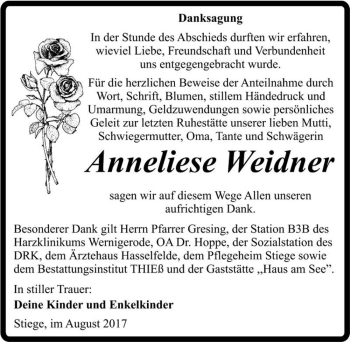 Traueranzeige von Anneliese Weidner  von Magdeburger Volksstimme
