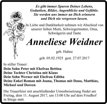 Traueranzeige von Anneliese Weidner (geb. Hahne)  von Magdeburger Volksstimme