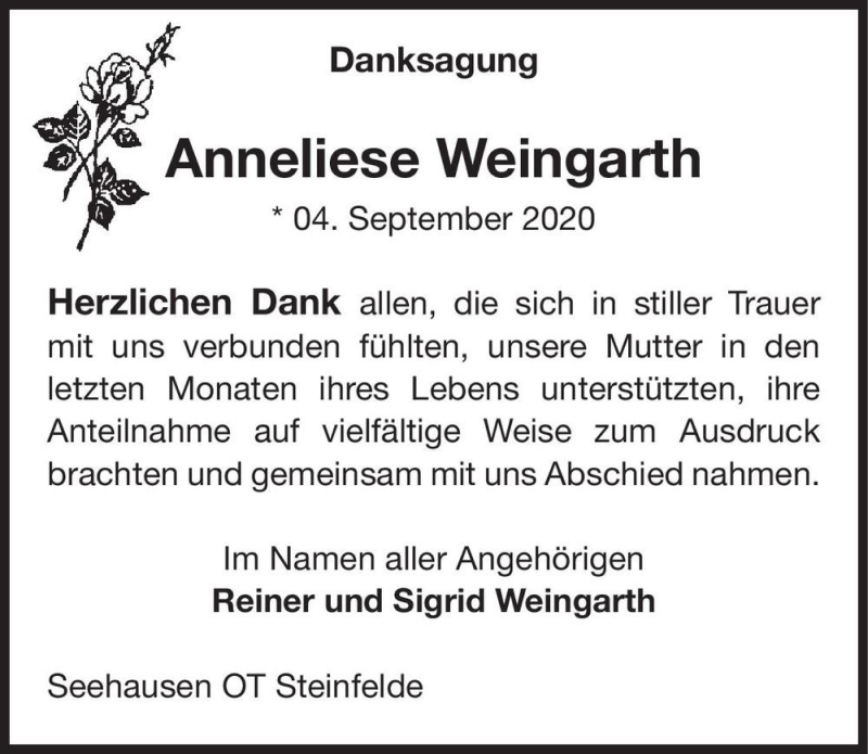  Traueranzeige für Anneliese Weingarth  vom 26.09.2020 aus Magdeburger Volksstimme