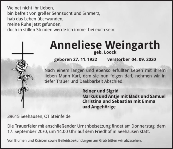 Traueranzeige von Anneliese Weingarth (geb. Loock)  von Magdeburger Volksstimme