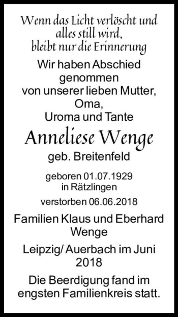 Traueranzeige von Anneliese Wenge (geb. Breitenfeld)  von Magdeburger Volksstimme