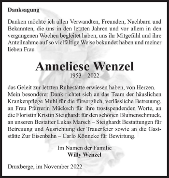 Traueranzeige von Anneliese Wenzel  von Magdeburger Volksstimme