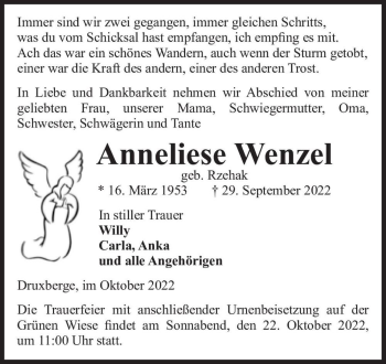 Traueranzeige von Anneliese Wenzel (geb. Rzehak)  von Magdeburger Volksstimme