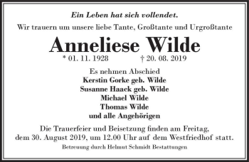 Traueranzeige von Anneliese Wilde  von Magdeburger Volksstimme