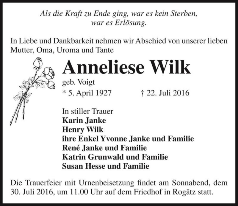  Traueranzeige für Anneliese Wilk (geb. Voigt)  vom 26.07.2016 aus Magdeburger Volksstimme