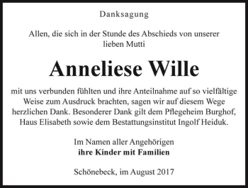 Traueranzeige von Anneliese Wille  von Magdeburger Volksstimme