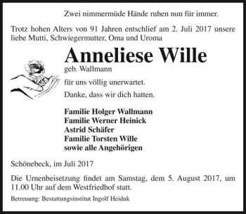 Traueranzeige von Anneliese Wille (geb. Wallmann)  von Magdeburger Volksstimme
