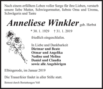 Traueranzeige von Anneliese Winkler (geb. Herbst)  von Magdeburger Volksstimme