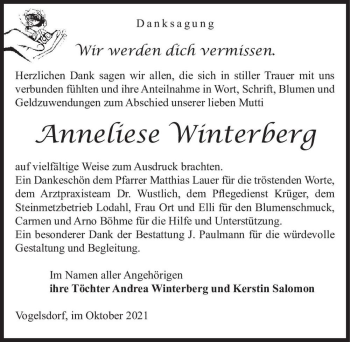 Traueranzeige von Anneliese Winterberg  von Magdeburger Volksstimme