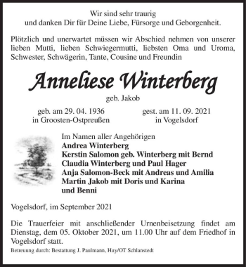 Traueranzeige von Anneliese Winterberg (geb. Jakob)  von Magdeburger Volksstimme