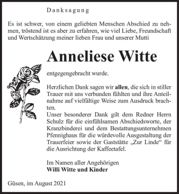 Traueranzeige von Anneliese Witte  von Magdeburger Volksstimme