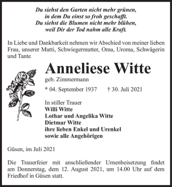Traueranzeige von Anneliese Witte (geb. Zimmermann)  von Magdeburger Volksstimme