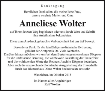 Traueranzeige von Anneliese Wolter  von Magdeburger Volksstimme