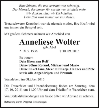 Traueranzeige von Anneliese Wolter (geb. Abel)  von Magdeburger Volksstimme