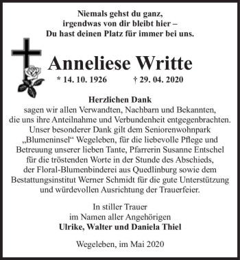 Traueranzeige von Anneliese Writte  von Magdeburger Volksstimme