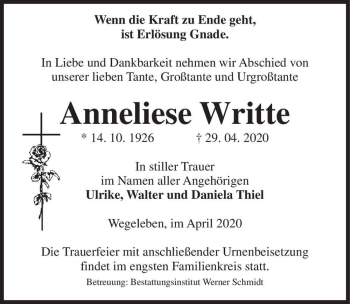 Traueranzeige von Anneliese Writte  von Magdeburger Volksstimme