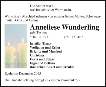 Traueranzeige von Anneliese Wunderling (geb. Tuchen)  von Magdeburger Volksstimme