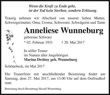 Traueranzeige von Anneliese Wunneburg (geb. Schwarz)  von Magdeburger Volksstimme